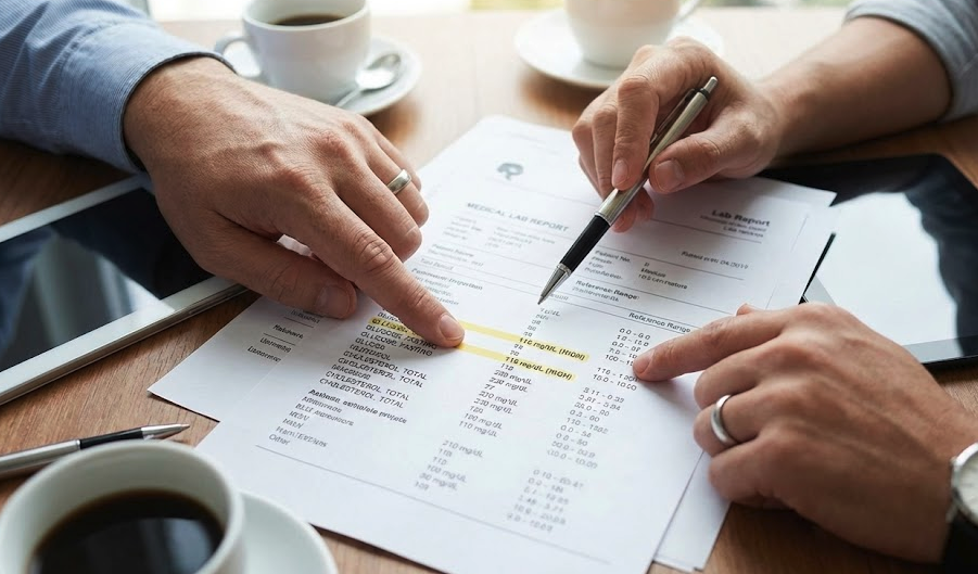 Doctor reviewing hormone lab test results on paper with a male patient