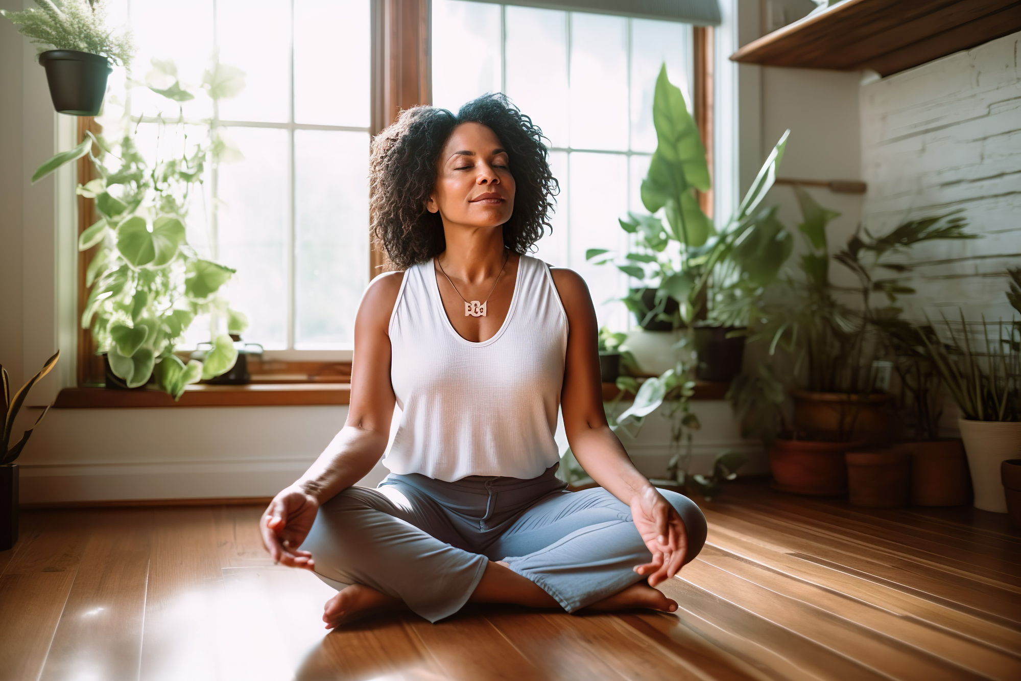 Photo of a middle-age woman meditating in her home