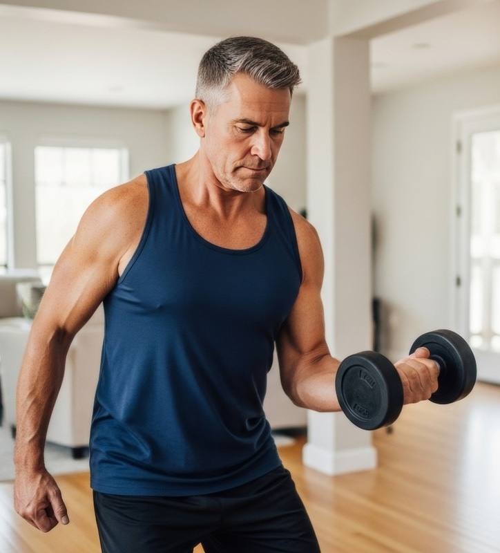 Photo of a man lifting weights in his home