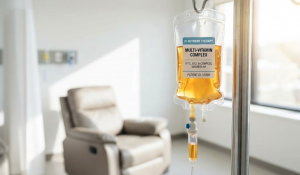 Close up of an IV bag with clear fluid hanging on a stand