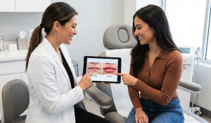 Patient discussing lip filler options with injector in a consultation room